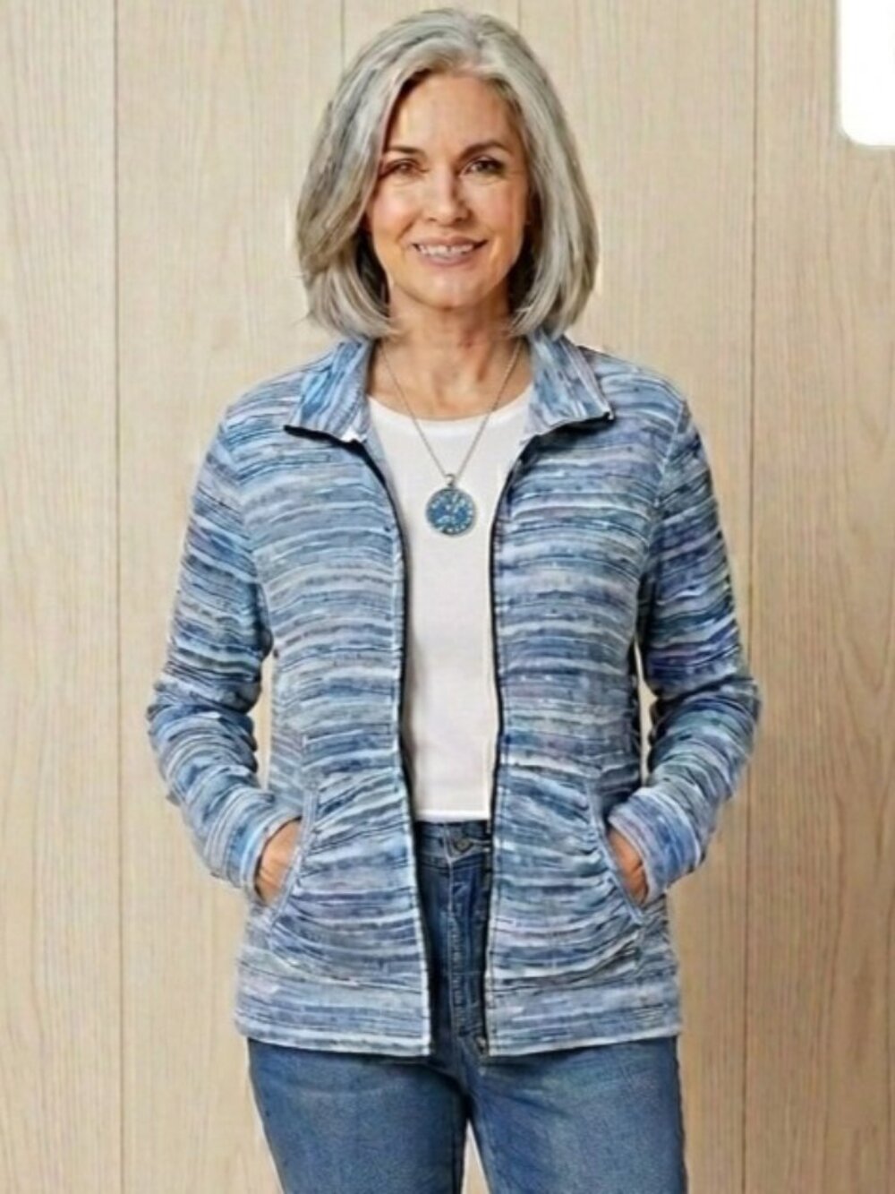 Coral Bay Casual Zip Up Blue Print Woman’s Jacket Size Large